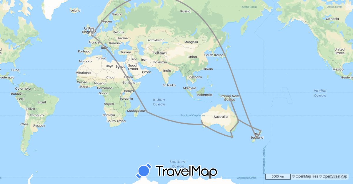 TravelMap itinerary: plane in Australia, United Kingdom, Japan, Mauritius, New Zealand, Papua New Guinea (Africa, Asia, Europe, Oceania)